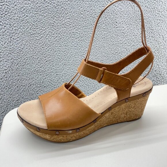 Clark Collection Sandals Womens 10 M Tan Comfort Shoes Leather Slingback Wedge - Picture 9 of 13